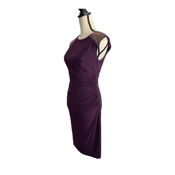 Xscape Sheath Dress Women's Size 6 Plum Purple Ruched Cap Sleeve Studded - Picture 3 of 4